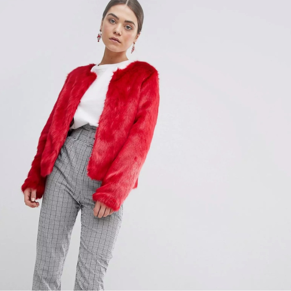 Red Unreal Fur Collarless Faux Jacket - image 4
